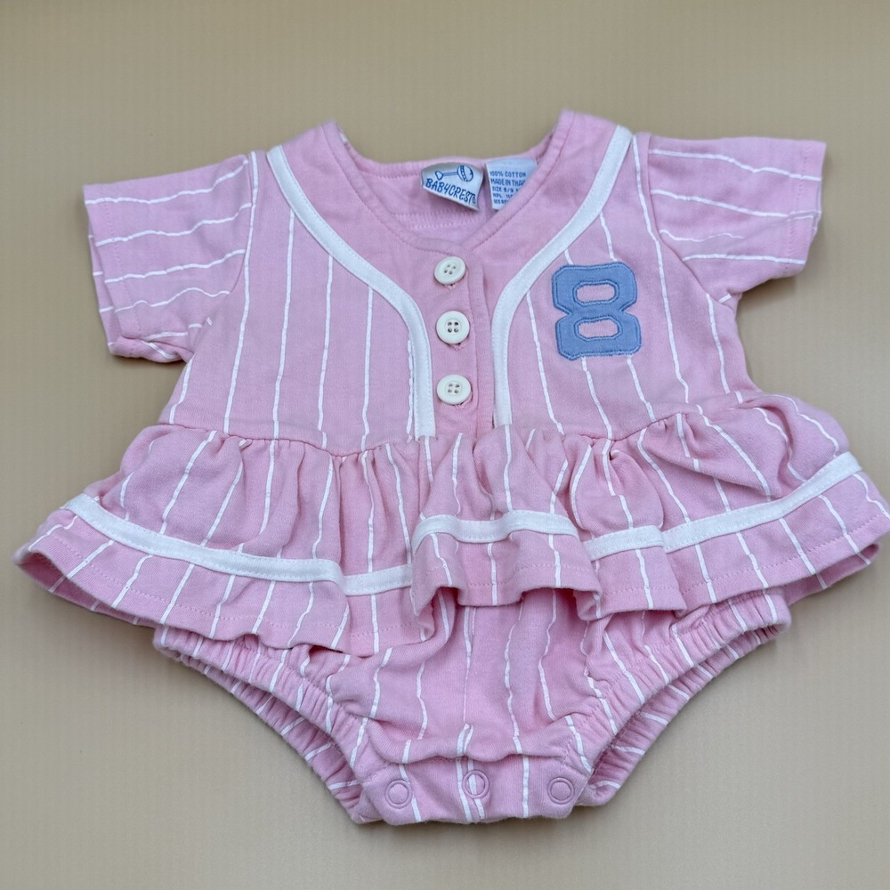 Baby Crest Baseball Romper Girl 6-9 Months Pink Pinstripe #8 Cute Ruffles Button